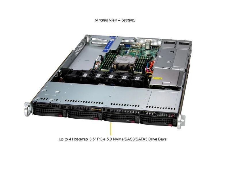 Сервер RIM 2000 R1I1024.03 (SYS-512B-WR) 1U, 2xPSU, 4x3.5" hot-swap, Xeon 6761P, 4x64GB DDR5 ECC Reg, 2x480GB SSD, 2x1920GB SSD U.2, VROC, 2xM.2, 2x1G 9844259 фото