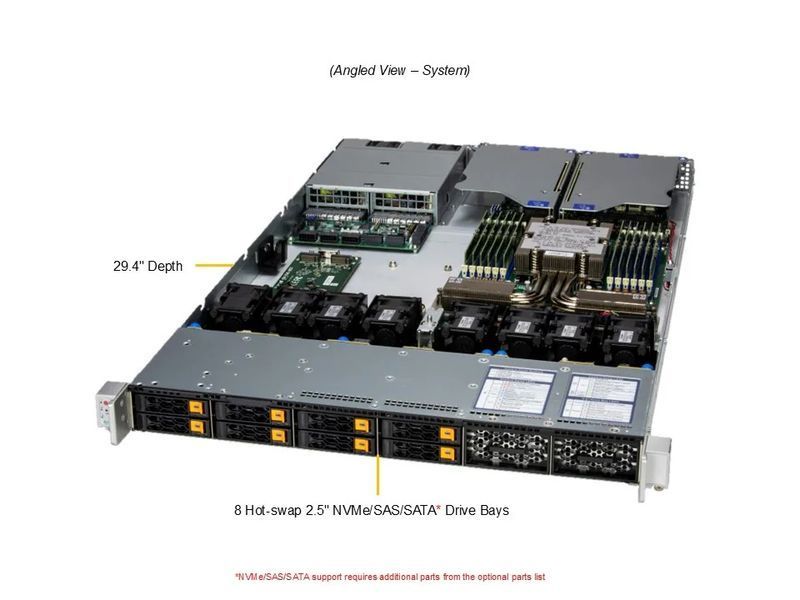 Сервер RIM 2000 R1A1006.02 (AS-1116CS-TN) 1U, 2xPSU, DC-MHS, up to 12x2.5", EPYC 9355P, 4x64GB DDR5 RDIMM, 2x480GB SSD M.2, 4x1.6TB SSD U.3 NVMe, 2x25 9844357 фото