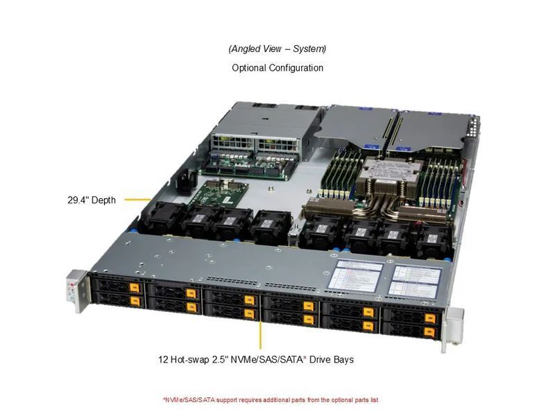 Сервер RIM 2000 R1A1006.03 (AS-1116CS-TN) 1U, 2xPSU, DC-MHS, up to 12x2.5", EPYC 9475F, 6x64GB DDR5 RDIMM, 2x480GB SSD M.2, 4x3840GB SSD U.3, 2x25GbE, 9844358 фото
