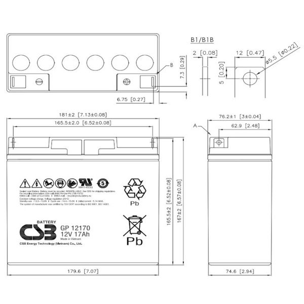 Акумулятор: CSB GP 12170 Акумуляторна батарея 12V 17Ah (181x76.2x167 мм. ДШВ), 5.5кг 5337 фото